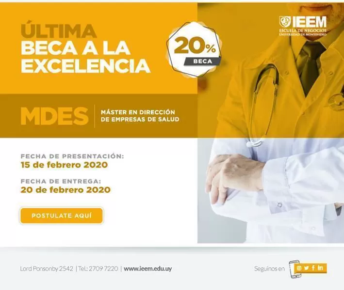 Postulaciones abiertas para beca a la excelencia para la Maestría en Dirección de Empresas de Salud.